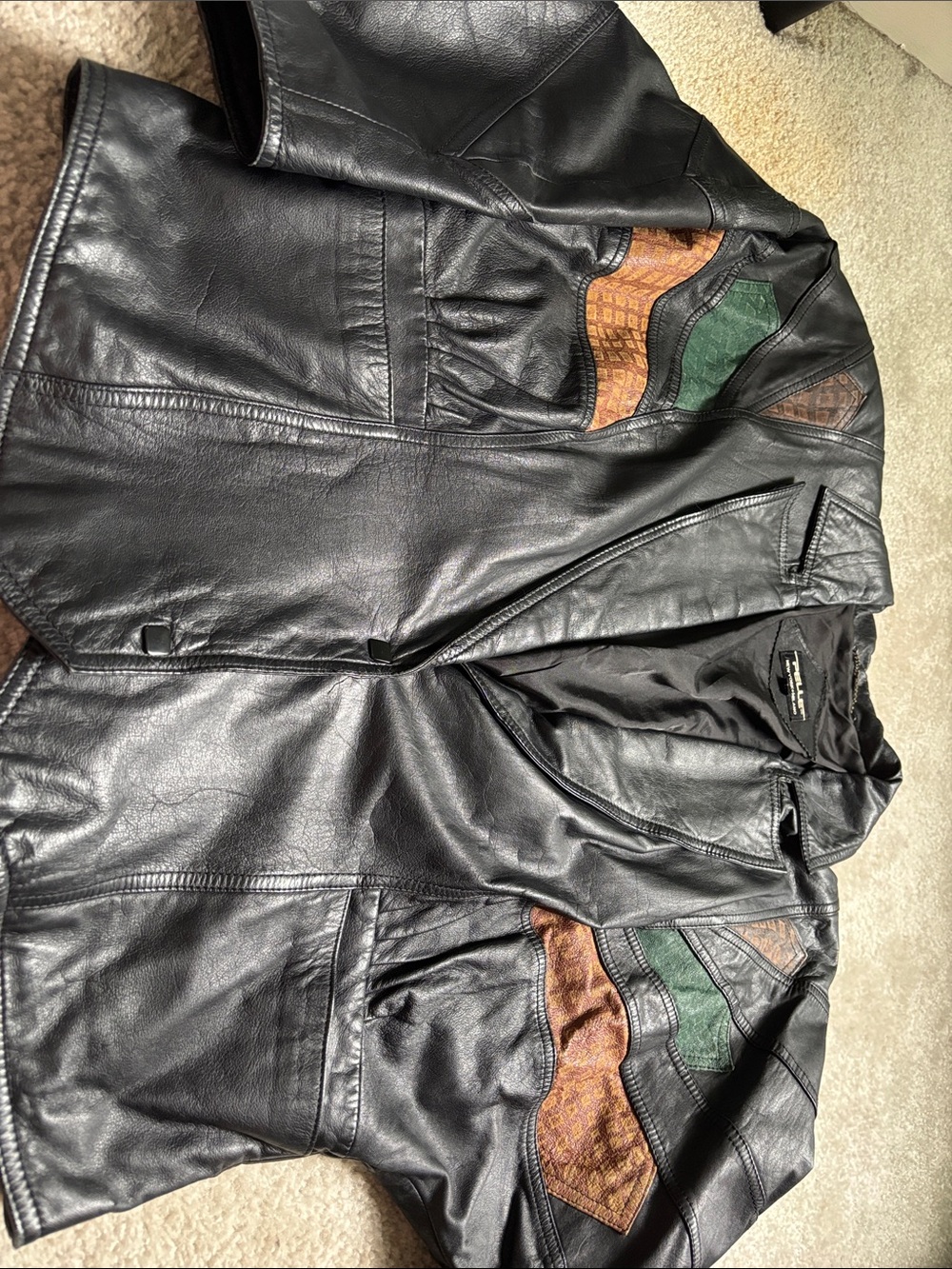 Women's Black Leather Jacket with Green & Brown Accent Panels